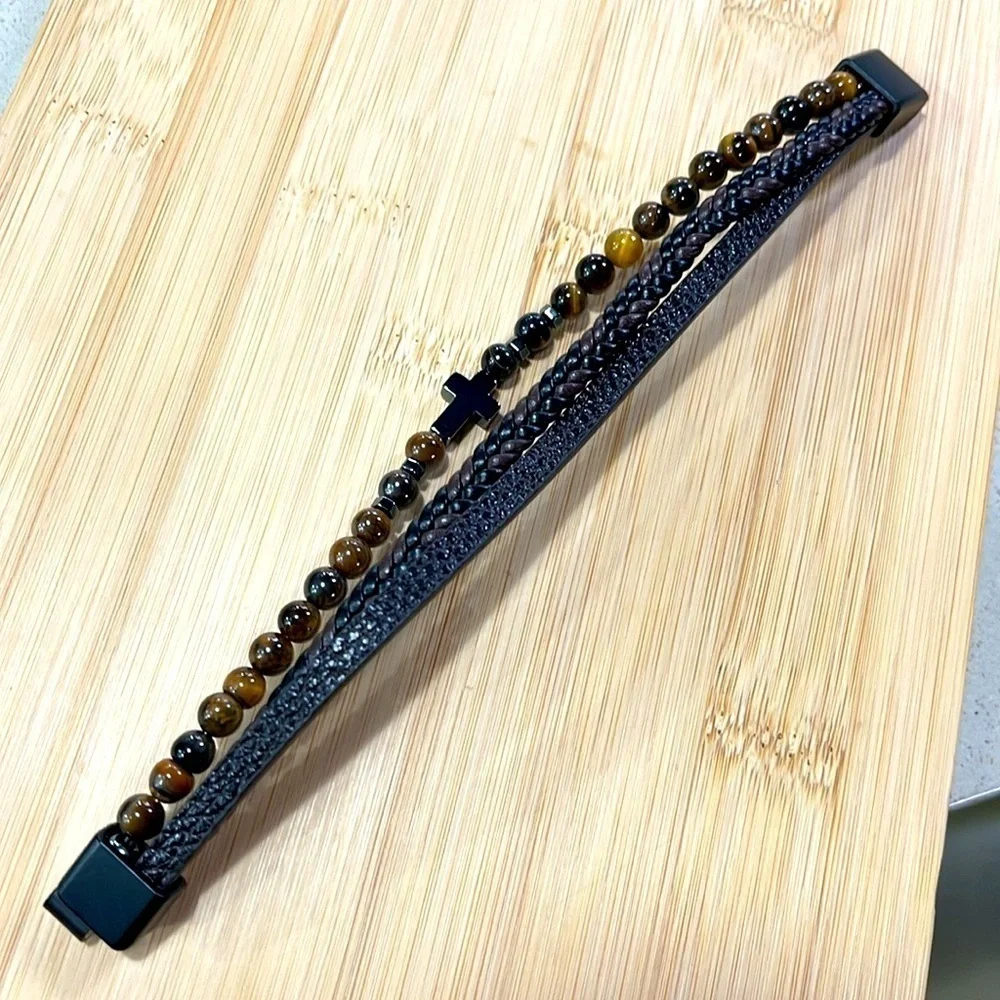 Brand New Men's Beaded Braided Leather Metal Cross Bracelet Magnetic Clasp